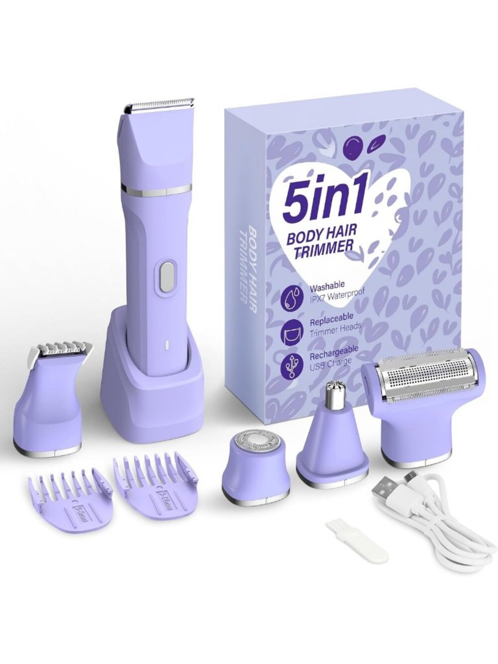 5-in-1 Waterproof Bikini Trimmer for Women - Cordless Facial & Body Razor, USB-C